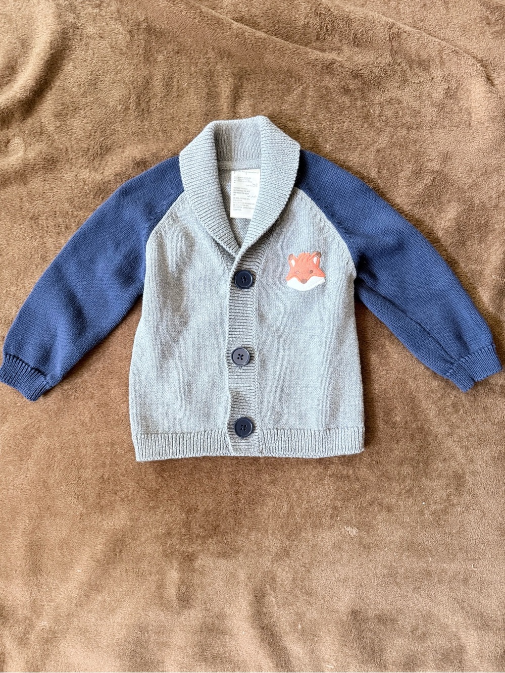 First Impressions Grey Body Navy Sleeve Fox Patch Cardigan